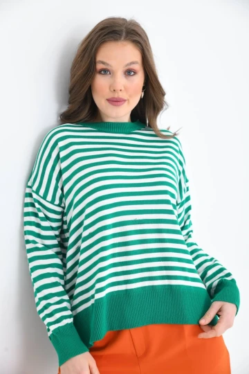 Kadın Kazak Çizgili Yuvarlak Yaka İnce Kazak Yeşil - 10147