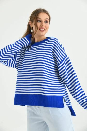 Kadın Kazak Çizgili Yuvarlak Yaka Kazak Saks - 224520