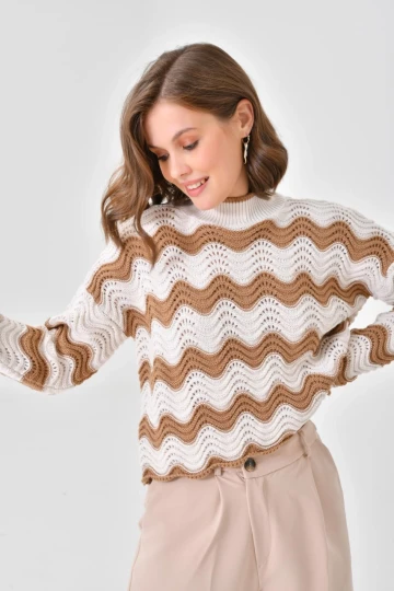 Kadın Kazak Delikli Bisiklet Yaka Kazak Camel - 8086SW