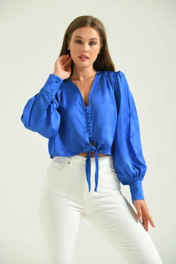 Kadın Gömlek Balon Kol Belden Bağlamalı Kadın Gömlek Saks - T030