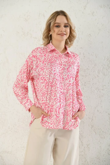 Kadın Gömlek Pembe Desenli Saten Kadın Gömlek Pembe - 22099