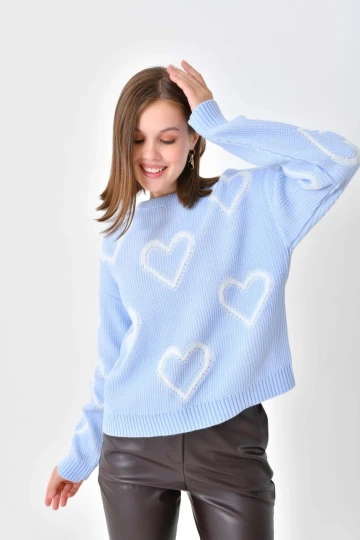 Kadın Kazak Kalp Desenli Yuvarlak Yaka Kazak B.Mavi - 8103