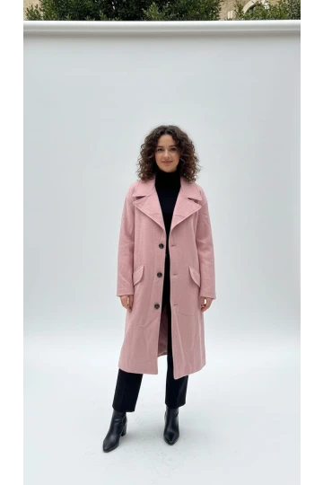 Kadın Kaşe Kaban Cep Görünümlü Uzun Kaşe Kaban