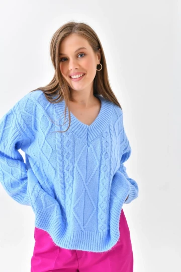 Kadın Kazak Örme Desenli Kazak Bebe Mavi - 5857