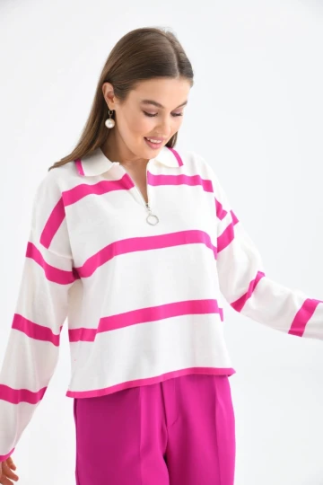 Kadın Kazak Polo Yaka Fermuarlı Kazak Pembe - 10118