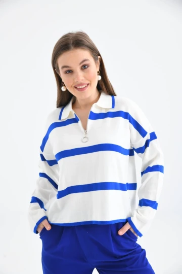 Kadın Kaza Polo Yaka Fermuarlı Kazak Saks - 10118