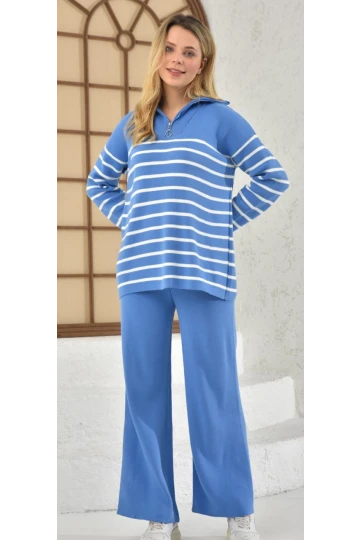 Kadın Kazak Yaka Fermuarlı Pantolon 2Li Set Takım Çizgili Pantolonlu Kazak ve Pantolon Saks - 214550