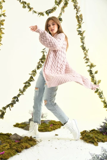 Kadın Ceket Uzun Düğmesiz Örgü Desenli Örme Ceket Pudra - 5795