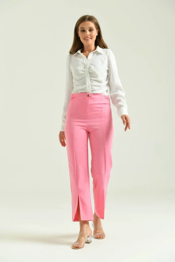 Kadın Pantolon Yan Büzgülü Paça Yırtmaçlı Kumaş Pantolon Pembe - T033