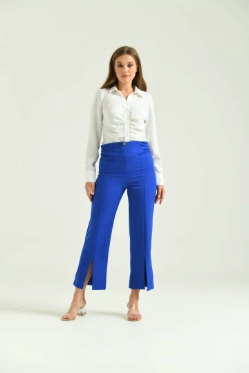 Kadın Pantolon Yan Büzgülü Paça Yırtmaçlı Kumaş Pantolon Saks - T033