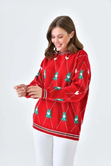 Kadın Kazak Yılbaşı Desenli Tunik Kazak Kırmızı - 224543