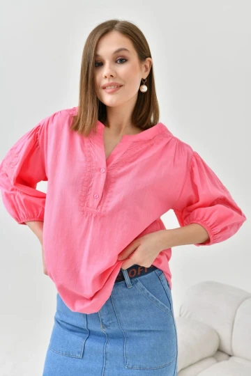 Kadın Gömlek V Yaka 2 Düğmeli Gömlek Pembe - 23132