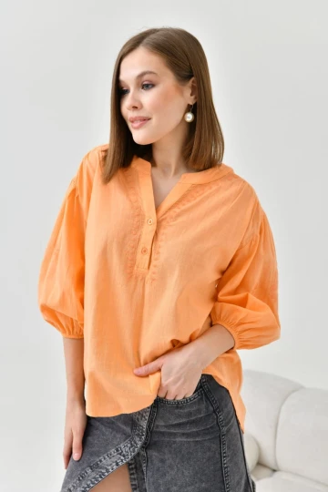 Kadın Gömlek V Yaka 2 Düğmeli Gömlek Oranj - 23132