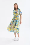 23122 SARI V YAKA KISA KOLLU ÇİÇEK DESENLİ UZUN BOY YIRTMAÇSIZ ELBİSE