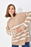 10300 KADIN CAMEL BİSİKLET YAKA ÇİZGİLİ ÇİFT RENK TRİKO KAZAK