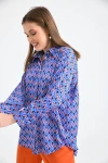 Kadın Gömlek Uzun Kollu Desenli Saten Gömlek Saks - 23005