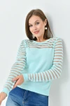 Kadın Triko Kazak Bisiklet Yaka Omuz ve Kol Detaylı Triko Kazak Mint - 10757