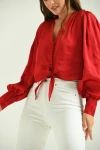 Kadın Gömlek Balon Kol Belden Bağlamalı Kadın Gömlek Kırmızı - T030