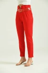 Kadın Pantolon Yüksel Bel Kemer Detay Havuç Pantolon Kırmızı - T016