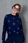 Kadın Lacivert Bisiklet Yaka Yılbaşı Konseptli Kar Motifli Kazak