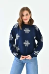 Kadın Kazak Yılbaşı Konseptli Kar Desenli Kazak Lacivert - 10560