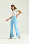 Kadın Pantolon  Paça Detaylı Toparlayıcı Yüksel Bel Kumaş Pantolon Mavi - T111