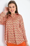 Kadın Gömlek Uzun Kollu Desenli Saten Gömlek Turuncu - 23005