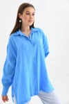 Şık Kadın Yan Yırtmaçlı Cepsiz Gömlek Saks Mavi - 23027
