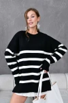 10300 KADIN SİYAH BİSİKLET YAKA ÇİZGİLİ ÇİFT RENK TRİKO KAZAK