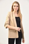 Kadın Blazer Ceket Tasarım Kol Büzgülü Çizgi Desenli Taş Renk - E014