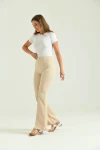 Kadın Pantolon  Paça Detaylı Toparlayıcı Yüksel Bel Kumaş Pantolon Taş - T111