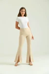 Kadın Pantolon  Paça Detaylı Toparlayıcı Yüksel Bel Kumaş Pantolon Taş - T111