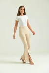 Kadın Pantolon  Paça Detaylı Toparlayıcı Yüksel Bel Kumaş Pantolon Taş - T111