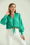 Kadın Gömlek Balon Kol Belden Bağlamalı Kadın Gömlek Yeşil - T030