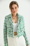 Kadın Ceket Düğme Detaylı Tüvit Crop Blazer Ceket Yeşil - KRN37