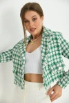 Kadın Ceket Düğme Detaylı Tüvit Crop Blazer Ceket Yeşil - KRN37