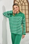 Kadın Kazak Yaka Fermuarlı Pantolon 2Li Set Takım Çizgili Kazak ve Pantolon B.Yeşil - 214550