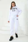 Kadın Eşofman Kapşonlu ve Şardonlu Eşofman Takımı Beyaz - KRN49