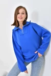 Kadın Sweat Boyunlu ve Yakası Fermuarlı Şardonlu Sweat Mavi - D007