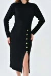 Kadın Elbise Dik Yaka Yırtmaçlı Eteği Düğmeli Elbise Siyah - 10581