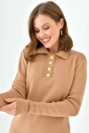 Kadın Elbise Polo Yaka Düğmeli Mini Boy Triko Elbise Camel - 10551