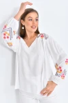 Kadın Bluz Omuz ve Kolları İşlemeli Büzgülü Kadın Bluz Ekru - 33035