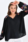 Kadın Bluz Omuz ve Kolları İşlemeli Büzgülü Kadın Bluz Siyah - 33035