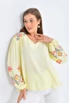 Kadın Bluz Omuz ve Kolları İşlemeli Büzgülü Kadın Bluz Sarı - 33035